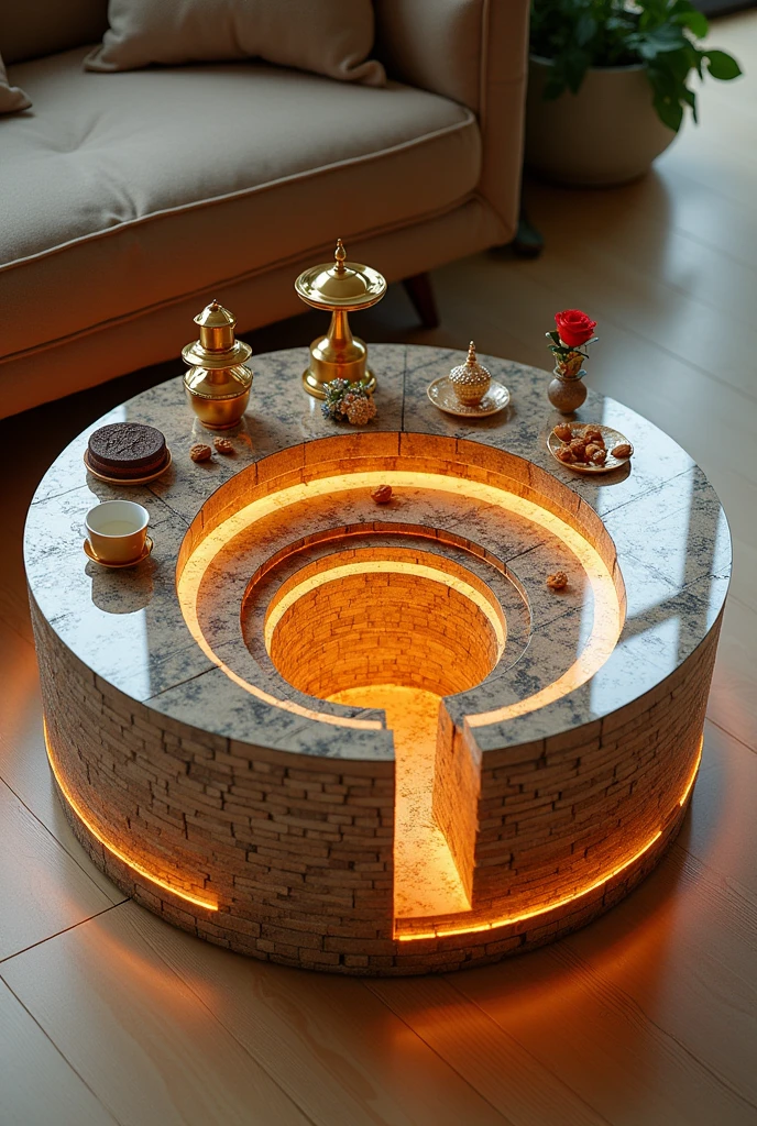 Small square coffee table handcrafted, featuring a two-way mirrored glass top that reflects a stunning visual effect inside that resembles a tunnel, a deep, endless well, and an endless staircase lit from the inside with warm golden LED lighting. The sides are covered with brick wallpaper that simulates the look of 3D textured wallpaper.. The table is decorated with simple decorations such as golden pedestals, small flowers, a cake and nuts, and contains a red rose and a tea cup. . The table is placed on a light-colored wooden floor.. The table design combines simplicity and elegance with a touch of modernity, making it a distinctive piece of art in any room or living room.