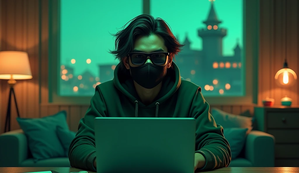 A stunning 3D render illustration of a young, confident man exuding intelligence and style black face mask, a green hoodie wearing a black sunglasses . She is sitting behind his MacBook in his office, . It is night. The room has volumetric green lighting. He is front facing to the camera, looking straight and centered, central portrait, sitting straight, front view, centered looking straight.. Her hair is stylish he wear a black sunglasses which cover his eyes .cascading down her shoulders. The cozy, intimate background showcases a gaming lover, including a prominent fortress or castle. This vibrant space is a reflection of her unique personality and interests, creating an inviting atmosphere., 3d render, illustration