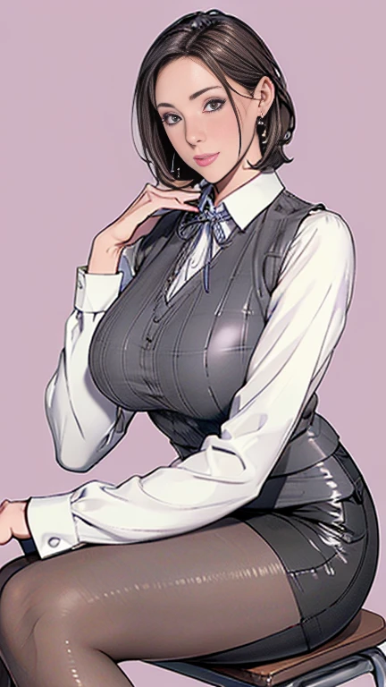 1，short hair，Photorealism，detailed，masterpiece，mature，((full))， (Broad shoulders), ((Huge breasts))((((1 Lady Lil,)))) (masterpiece), (Realistic), (Highest quality), (非常にdetailedな), Awesome 30 year old wife, Panty shot, Long brown hair, office lady, Wearing a pink plaid vest, White short sleeve shirt, Grey pencil skirt, Wear stiletto heels, necklace,, Cute Face, smile, blush, Shyness, Glass Wall, 超detailed, Realistic, Front view, whole body, (Wearing [[White and grey check pattern]] A vest worn over a white-collared long-sleeved shirt:1.4), (Grey buttoned vest:1.2), (Pink Theme:1.2), (blue ribbon ribbon:1.3), (Black Theme:1.4), (tight black pencil skirt:1.5), ((Brown pantyhose)), (High heels:1.1),Long skirt,transaction machine, Office chair,Lullabre Unity 8K Wallpaper, Beautiful background, clearly, Highest quality, Highest Resolution, Best aesthetics,非常にdetailedな CG ユニティ 8k,