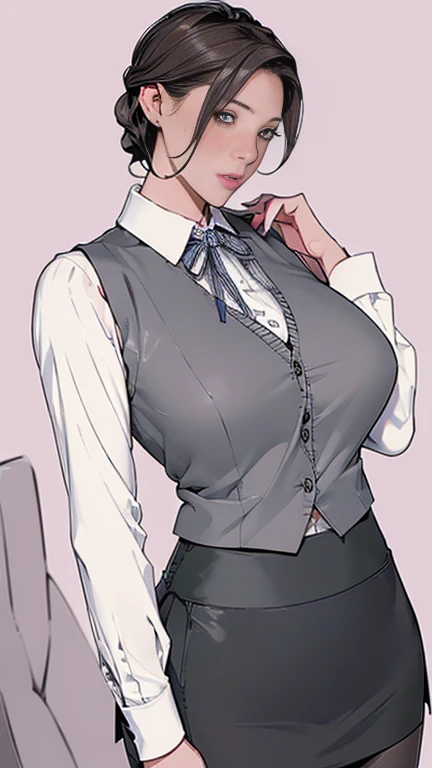 1，short hair，Photorealism，detailed，masterpiece，mature，((full))， (Broad shoulders), ((Huge breasts))((((1 Lady Lil,)))) (masterpiece), (Realistic), (Highest quality), (非常にdetailedな), Awesome 30 year old wife, Panty shot, Long brown hair, office lady, Wearing a pink plaid vest, White short sleeve shirt, Grey pencil skirt, Wear stiletto heels, necklace,, Cute Face, smile, blush, Shyness, Glass Wall, 超detailed, Realistic, Front view, whole body, (Wearing [[White and grey check pattern]] A vest worn over a white-collared long-sleeved shirt:1.4), (Grey buttoned vest:1.2), (Pink Theme:1.2), (blue ribbon ribbon:1.3), (Black Theme:1.4), (tight black pencil skirt:1.5), ((Brown pantyhose)), (High heels:1.1),Long skirt,transaction machine, Office chair,Lullabre Unity 8K Wallpaper, Beautiful background, clearly, Highest quality, Highest Resolution, Best aesthetics,非常にdetailedな CG ユニティ 8k,