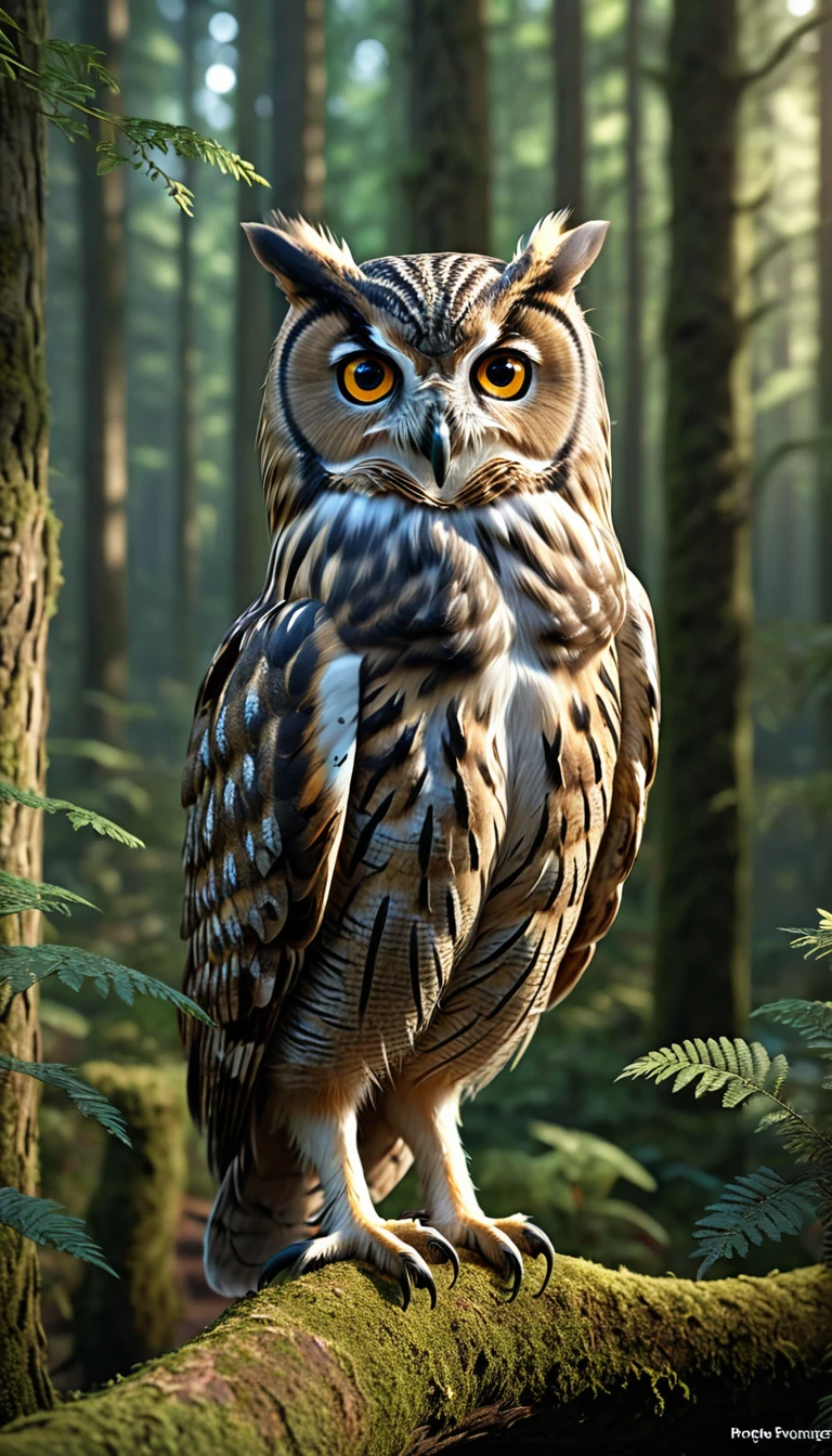 a person with a owl body and four eyes in a forest, highly detailed, (best quality,4k,8k,highres,masterpiece:1.2),ultra-detailed,(realistic,photorealistic,photo-realistic:1.37),extremely detailed animal, intricate patterns, realistic lighting