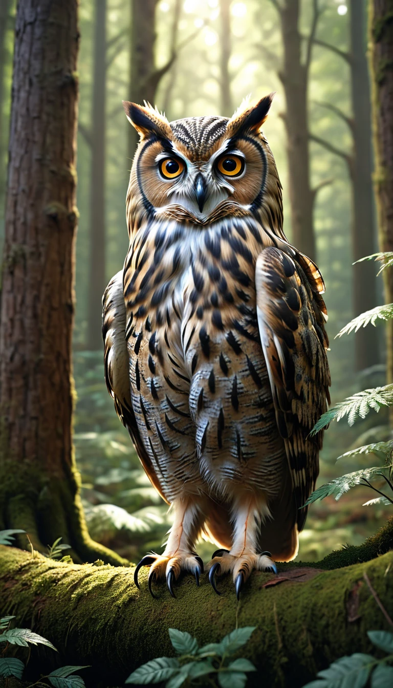 a person with a owl body and four eyes in a forest, highly detailed, (best quality,4k,8k,highres,masterpiece:1.2),ultra-detailed,(realistic,photorealistic,photo-realistic:1.37),extremely detailed animal, intricate patterns, realistic lighting