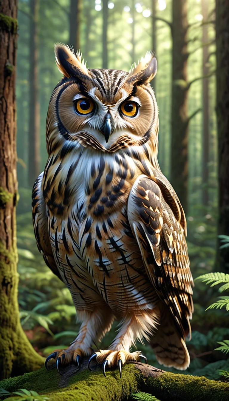 a person with a owl body and four eyes in a forest, highly detailed, (best quality,4k,8k,highres,masterpiece:1.2),ultra-detailed,(realistic,photorealistic,photo-realistic:1.37),extremely detailed animal, intricate patterns, realistic lighting