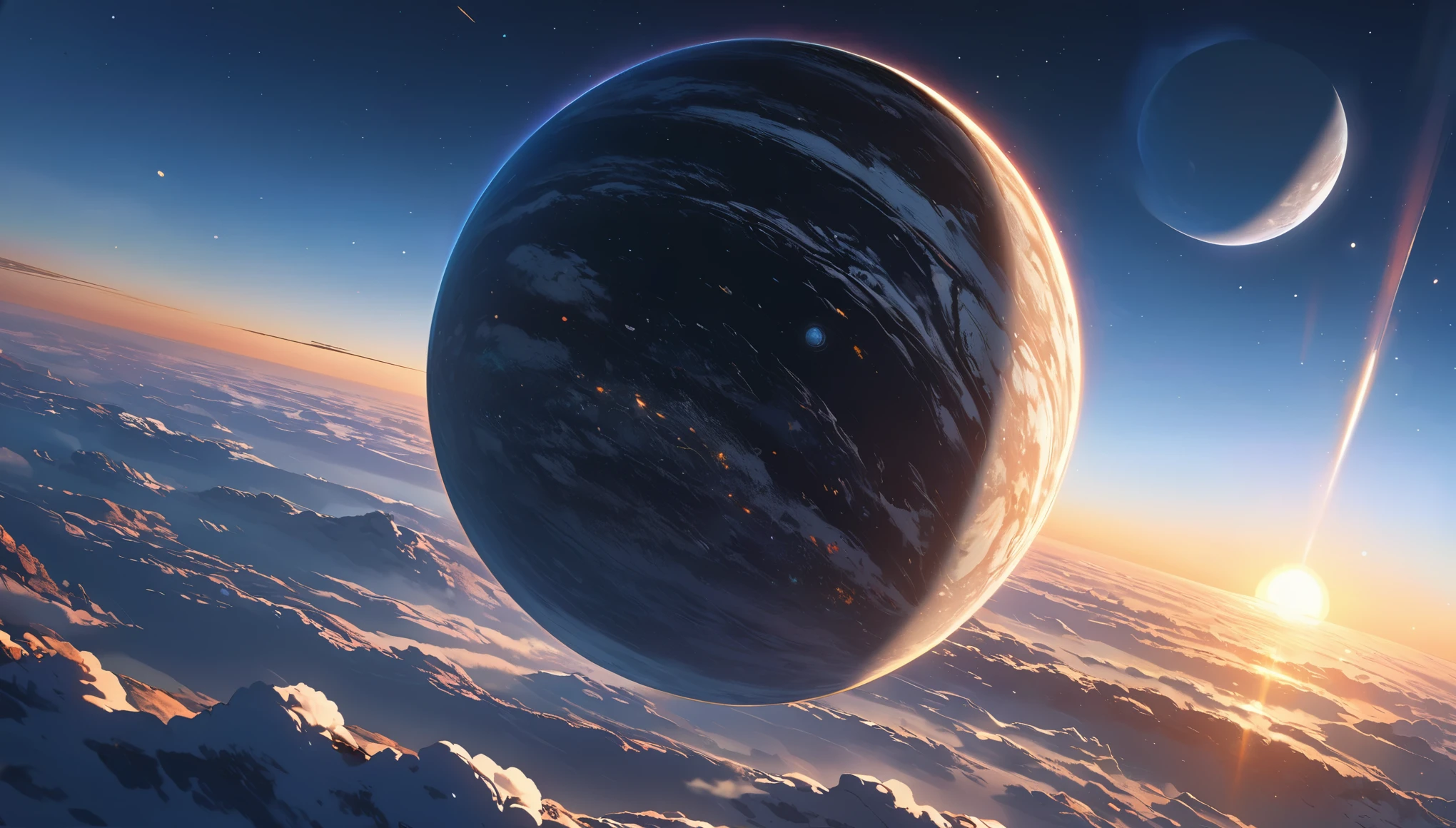 ultra detailed, 16k, master piece, in the space, surface, sunrise, sun, horizon