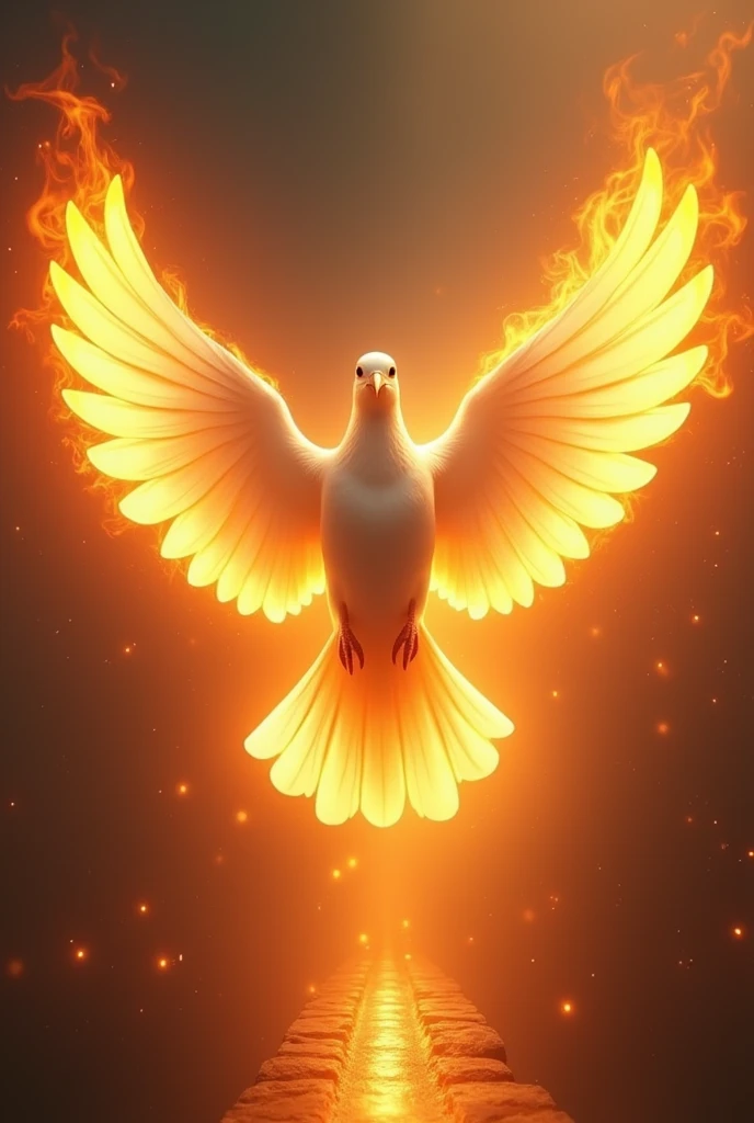 Generate an image of a dove with wings coated with orange flames and is centered with a bridge coated with fire leading to the dove make it heavenly and divine