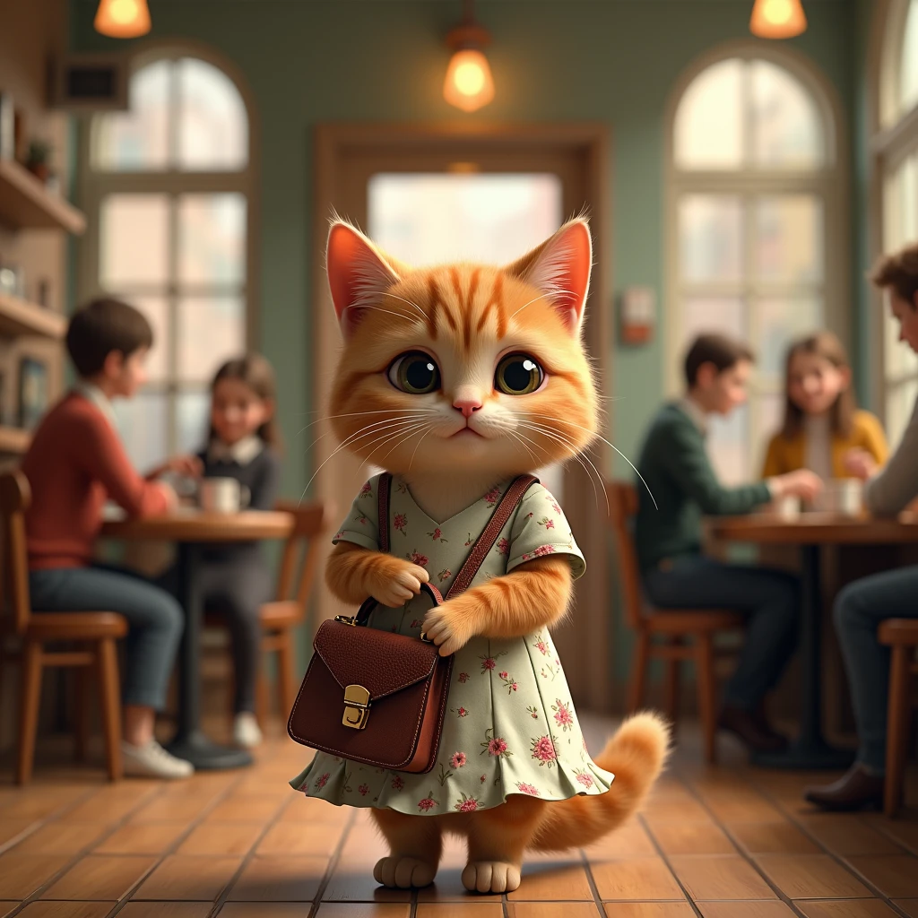 realistic image of a cat wearing a dress and holding a bag with a cafe background