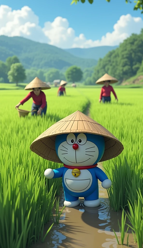 Doraemon starts to help the farmers harvest rice, work hard and be happy.
Wear a leaf hat