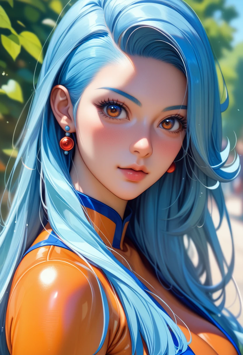 Masterpiece、Highly detailed drawing、Cinematic lighting、Light and shadow、Detailed face、Detailed eyes、alone、female、美female、Dragon Quest、Monk、Light blue hair、Long Hair、Orange bodysuit、Blue priest's robes、Priest's hat、Dirty clothes、Torn clothes、It seems like they lost to a slime、nsfw、Excessive sweating all over the body、shame、I'm embarrassed and my face is red、Watery eye、orgasm、A slime is licking a nipple。Best Shot、Best Angle