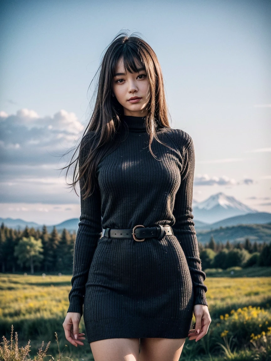 ((masterpiece)), ((最high quality)), (high quality), 超High resolution, (Attention to detail), ((Detailed and complexd)), girl, Solo Girl, Best lighting, Side lighting, Natural light, High Dynamic Range, beautifully、aesthetic, (Perfect body), ((Tight waist, Wide Hips)), Sexy smile, Focus on your audience, Detailed face, Glowing Skin, Oily skin, 大人のgirl, , mature, Huge breasts, (Large Breasts), Nice ass, Sexy Body, Best Anatomy, ((blonde, blonde long straight hair with bangs)), (blue eyes), (((mini sweater dress, one piece mini sweater dress, ブルーのセータードレス タートルネック mini sweater dress, long sleeve mini sweater dress, A sweater dress that covers the chest, High priority))), Are standing, Fascinating, A small smile, Sexy smile, Realistic lighting, Outdoor, afternoon, ((A meadow full of flowers)), ((Beautiful Landscape, Sky and mountain view, red sky in the afternoon, Realistic Background)), Detailed aspect, best background, ((Detailed Background)), ((Background Real)), 8k, Highest resolution, High resolution, Best Images, 最高のphotograph, Detailed aspect, Hands on the details, (Detailed Weapons), ((Detailed anatomy)), Best Anatomy, Perfect Anatomy, (Detailed reference), Detailed references, Detail Nail, Detailed Body, Leg Details, Faces with the best proportions, Best Weapon, (((from the front))), Best ratio of hands, The best finger, Best Nails, Detail foot, Perfect nails, Detail Nail, The best navel, The best models, Improvement of quality, Details All Percentage, Detailed and complex, The best proportion pose, Best Ratio Weapon, Maximum ratio fingers, The best proportion nails, Finger Real, Nail Real, Weapon Realistic, Legs Realistic, Detailed anatomy, View your viewers, Realistic, photograph, Super detailed, 8k, Perfect balance, Sexy pose, An absurd solution, High resolution, repair , Movie film, Deluxe, Employment Modification,