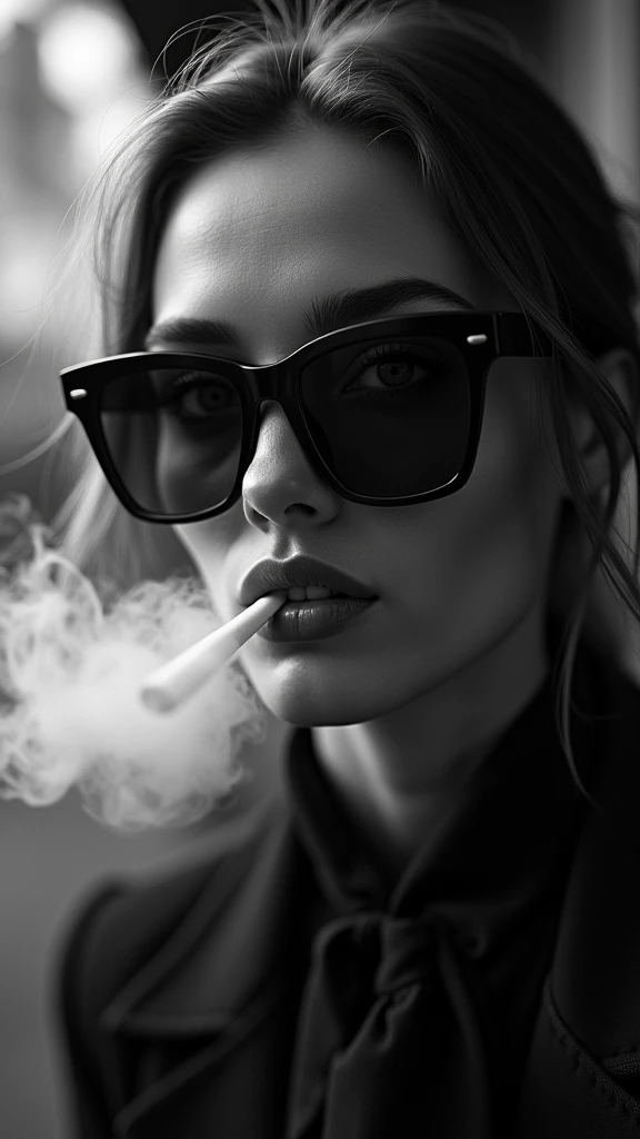 Striking portrayal of a stylish woman, eyes radiating intense clarity, piercing through the rise of cigarette smoke, shrouded in monochrome, depicting profound emotions, within a shallow depth of field, high-contrast lighting casting defined contours upon her face, fashion-forward attire, transfixed in unyielding deep attention, her hypnotic gaze fashionably framed by sunglasses in a subtly blurred backdrop,