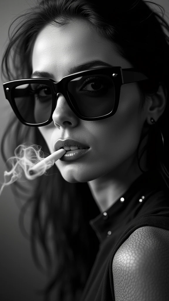 Striking portrayal of a stylish woman, eyes radiating intense clarity, piercing through the rise of cigarette smoke, shrouded in monochrome, depicting profound emotions, within a shallow depth of field, high-contrast lighting casting defined contours upon her face, fashion-forward attire, transfixed in unyielding deep attention, her hypnotic gaze fashionably framed by sunglasses in a subtly blurred backdrop,