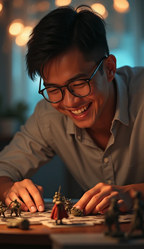 photorealistic, best quality, masterpiece, extremely detailed, front view, 30 year old bruneian malay man, no facial hair, glasses, huge smile, playing warhammer, extremely romantic atmosphere, perfect face, perfect fingers, perfect hands, perfection