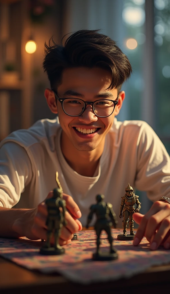photorealistic, best quality, masterpiece, extremely detailed, front view, 30 year old bruneian malay man, no facial hair, glasses, huge smile, playing warhammer, extremely romantic atmosphere, perfect face, perfect fingers, perfect hands, perfection
