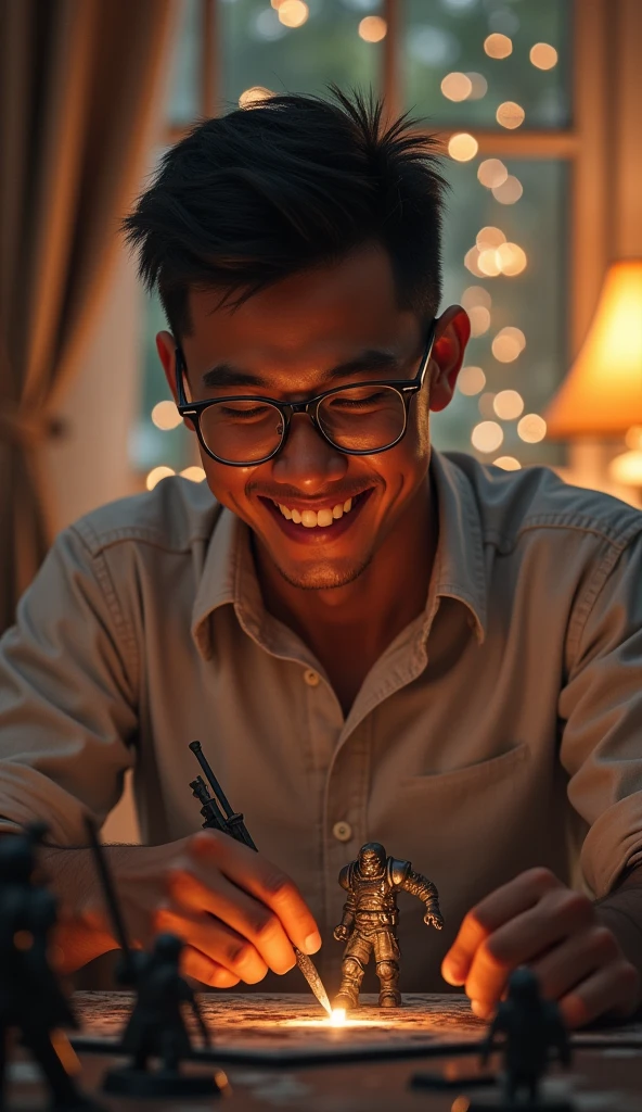 photorealistic, best quality, masterpiece, extremely detailed, front view, 30 year old bruneian malay man, no facial hair, glasses, huge smile, playing warhammer, extremely romantic atmosphere, perfect face, perfect fingers, perfect hands, perfection
