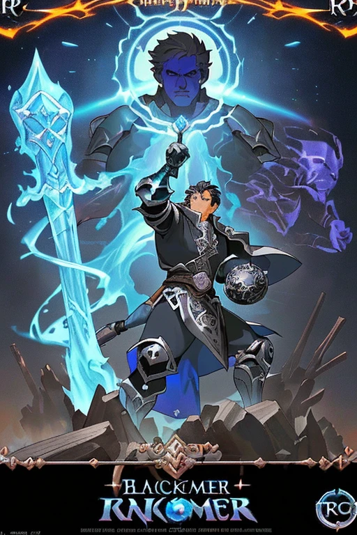 (nice quality, style of the LitRPG movie poster), "Book Title: RPG Blacksmith and Hammer", World where there is a background of aura. He will be huge and a hammer in his hands, He is a blacksmith and works, LitRPG, система. Our hero is a man: 1.2), Perfect color combination.