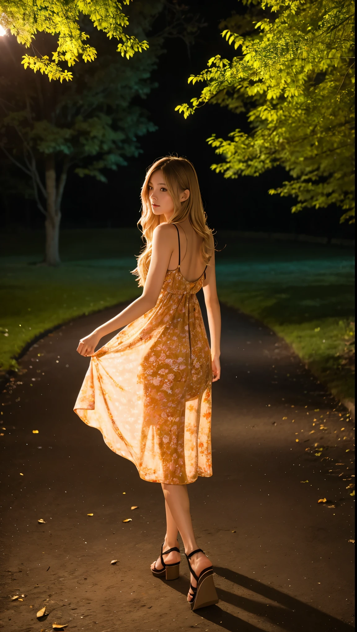 Full Body Shot、Outdoor、masterpiece、Highest quality、High resolution、Realistic、Park at night in pitch black、A woman wearing an orange see-through dress walking alone in a dark, deserted park、The back view of an 18-year-old beautiful girl wearing a white and orange floral dress.、looking back、A beautiful woman flees in fear from a man approaching her in a park in the middle of the night、With her long, wavy, dark blonde hair fluttering、Long legs、Beautiful legs、Platform Sandals、slim、model、Slender、若くてセクシーなグラビアmodel、Chest visible from the side、looking at the camera、Looking up、Permed, long, dark blonde hair、
