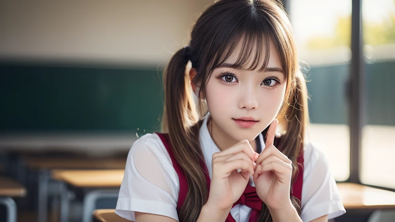 (One Girl), (Very detailed美しい顔), Great face and eyes, (Highest quality:1.4), (Very detailed), (Very detailed CG 統合 8k 壁紙), Very detailed, High resolution raw color photos, Professional photography, Realistic portraits, Great face and eyes, Pink Eyes, (High School Uniform, Pleated mini skirt:1.3), (胸元が大きく開いたHigh School Uniform:1.4), Twin tails, Brown Hair, model,  (((Bokeh))), Depth of written boundary, School, classroom, (squat:1.2), (Lace panties:1.2), View from below,Perfect body、(((1 female)))、(((Beautiful and accurate five fingers)))