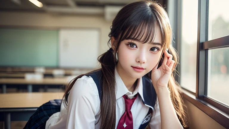 (One Girl), (Very detailed美しい顔), Great face and eyes, (Highest quality:1.4), (Very detailed), (Very detailed CG 統合 8k 壁紙), Very detailed, High resolution raw color photos, Professional photography, Realistic portraits, Great face and eyes, Pink Eyes, (High School Uniform, Pleated mini skirt:1.3), (胸元が大きく開いたHigh School Uniform:1.4), Twin tails, Brown Hair, model, (((Bokeh))), Depth of written boundary, School, classroom, (squat:1.2), (Lace :1.2), View from below,Perfect body、(((1 female)))、(((Beautiful and accurate five fingers)))