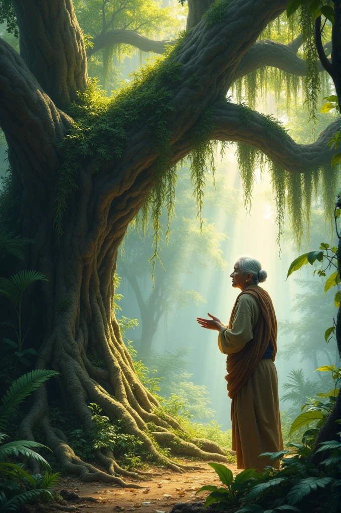Old woman talks to a banyan tree in a forest