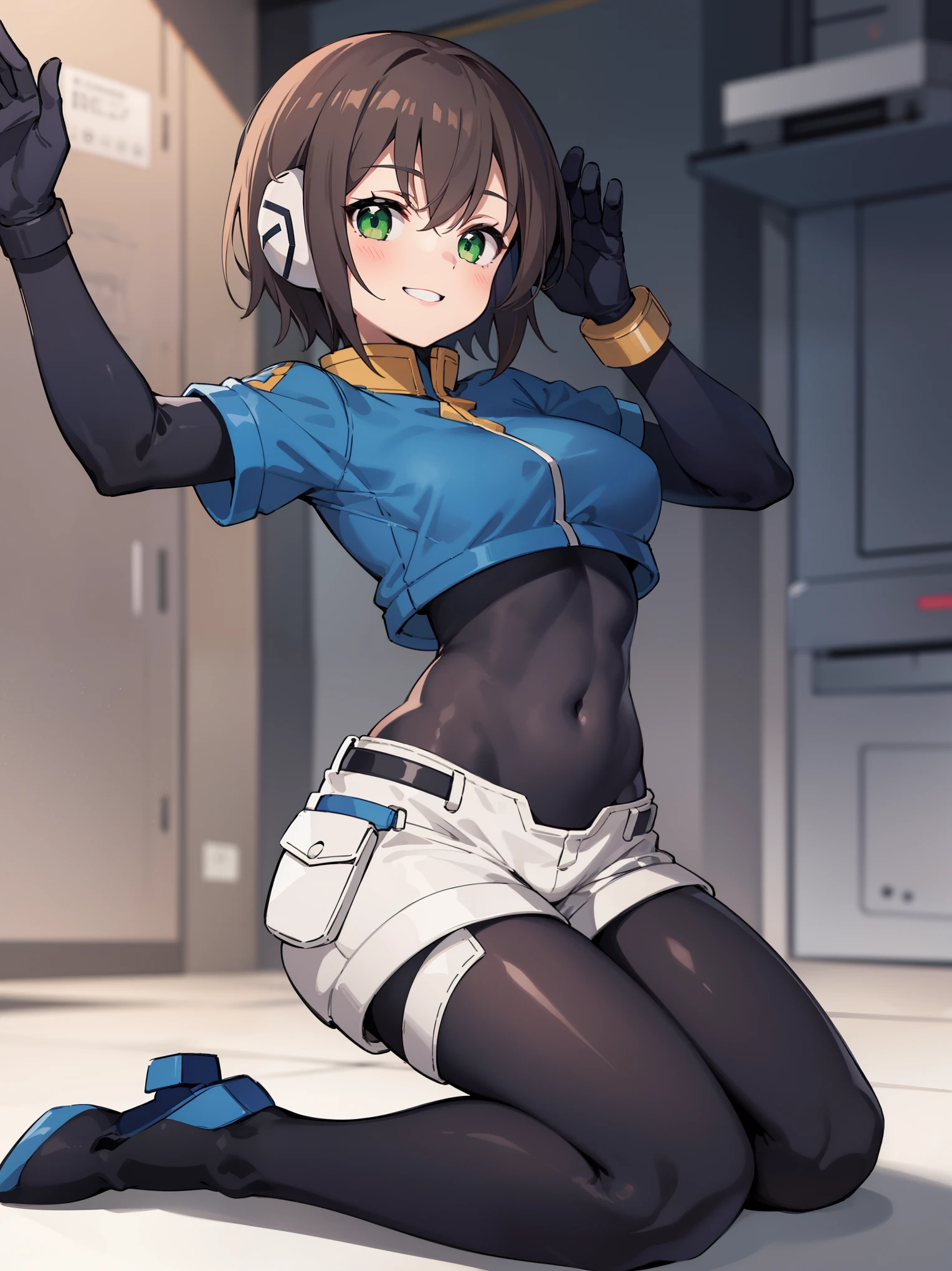 aile_megamanzx, kneeling with one hand on the ground and the other arm raised, 1girl, solo, short hair, brown hair, short sleeves, (bodysuit), robot ears, green eyes, short_shorts, short sleeves, short over long sleeves, smile, in futuristic city, , high quality, medium_breasts,crotch, slouch