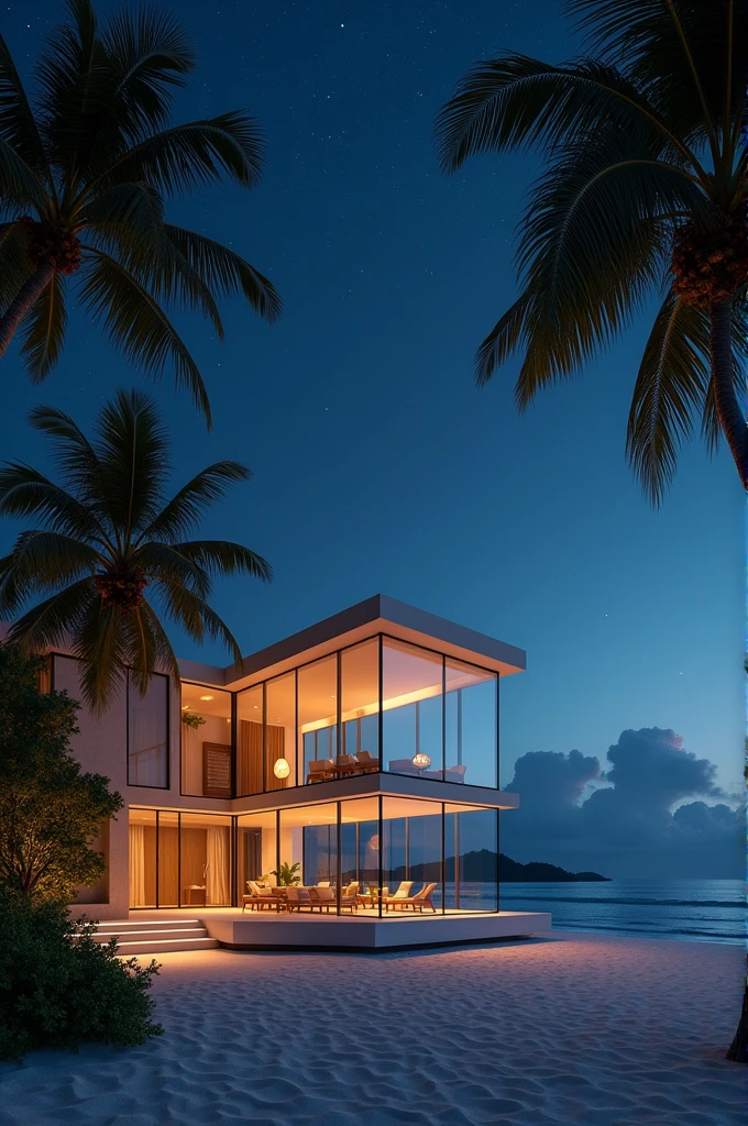 A luxurious house of glass, with lamp lights at beachfront and coconut trees At night view