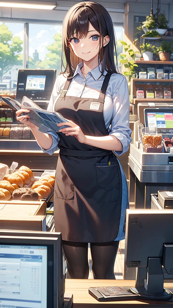 young woman,smile,((Standing inside the cash register)),Touching the cash register machine,Customer Service,((There is a cash register on the table)),(Scanning product barcodes at the cash register)),Supermarket clerk,Wearing an apron,uniform,((Working as a cashier)),((Cashier)),((cashier,register,)),((Receive money from customers)),There are products on the shelves,In the supermarket,Bright interior,grocery store