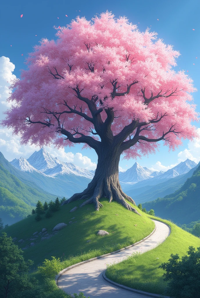 A big Sakura tree on a hillside road and mountains in the background 