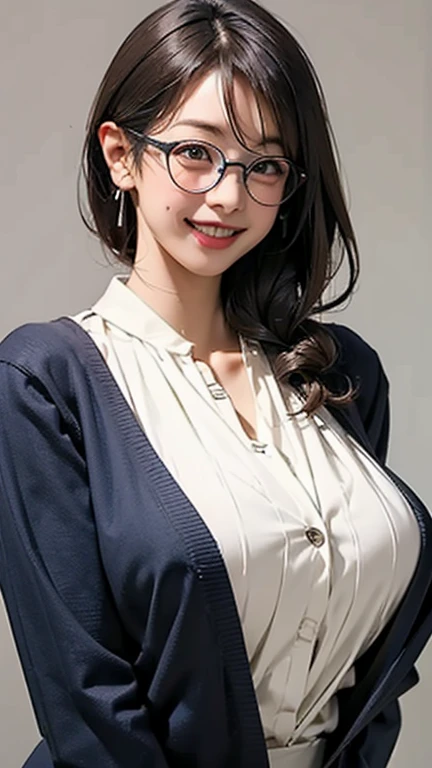 open chest、cardigan、laughter、room、8K、delicate face、detailed face、simple background, gigantic breasts, glasses,
