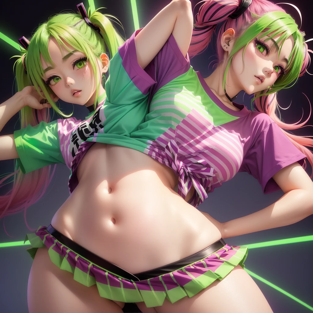 A cool Japanese manga-style illustration,Magenta and neon green striped T-shirt,Magenta and neon green horizontal striped mini skirt,One person, Twintails tied high, Magenta hair,Neon green highlights,Slanted Eyes, Solemn,