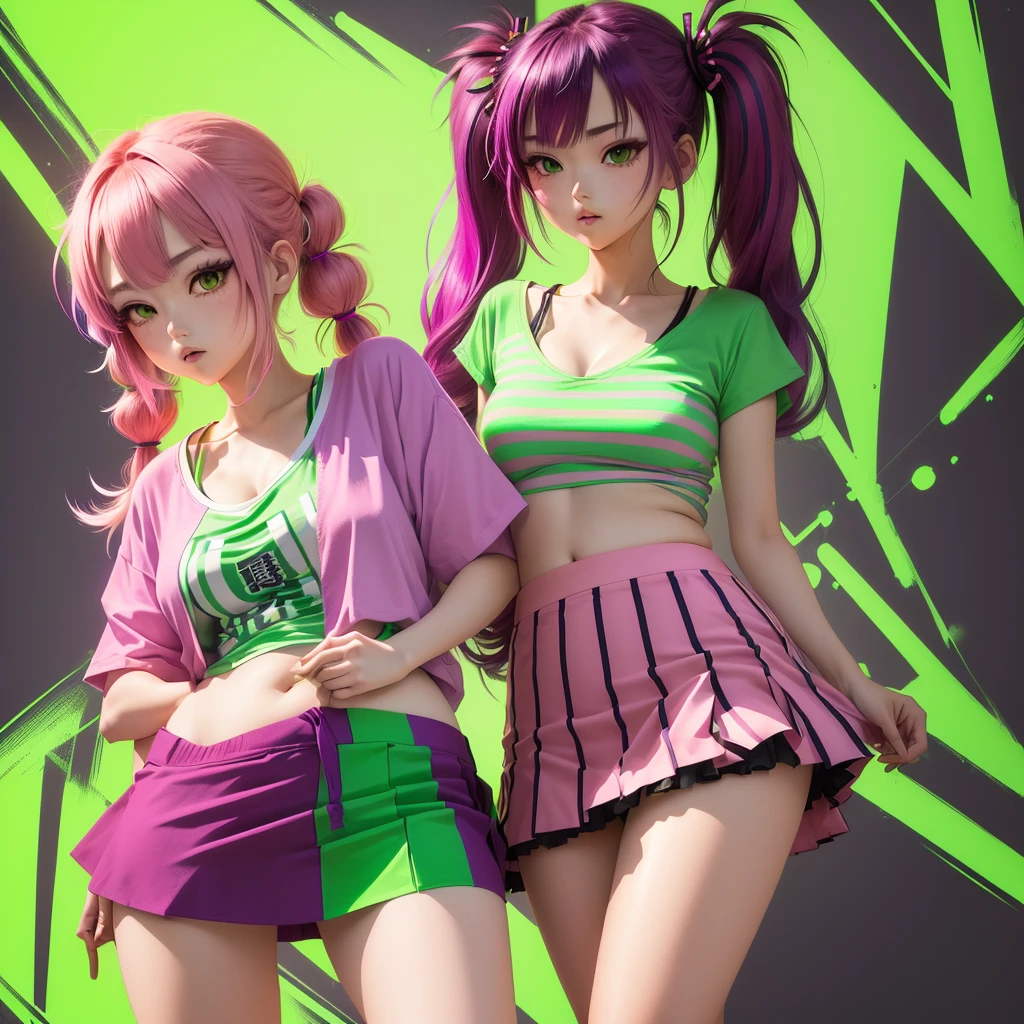 A cool Japanese manga-style illustration,Magenta and neon green striped T-shirt,Magenta and neon green horizontal striped mini skirt,One person, Twintails tied high, Magenta hair,Neon green highlights,Slanted Eyes, Solemn, 