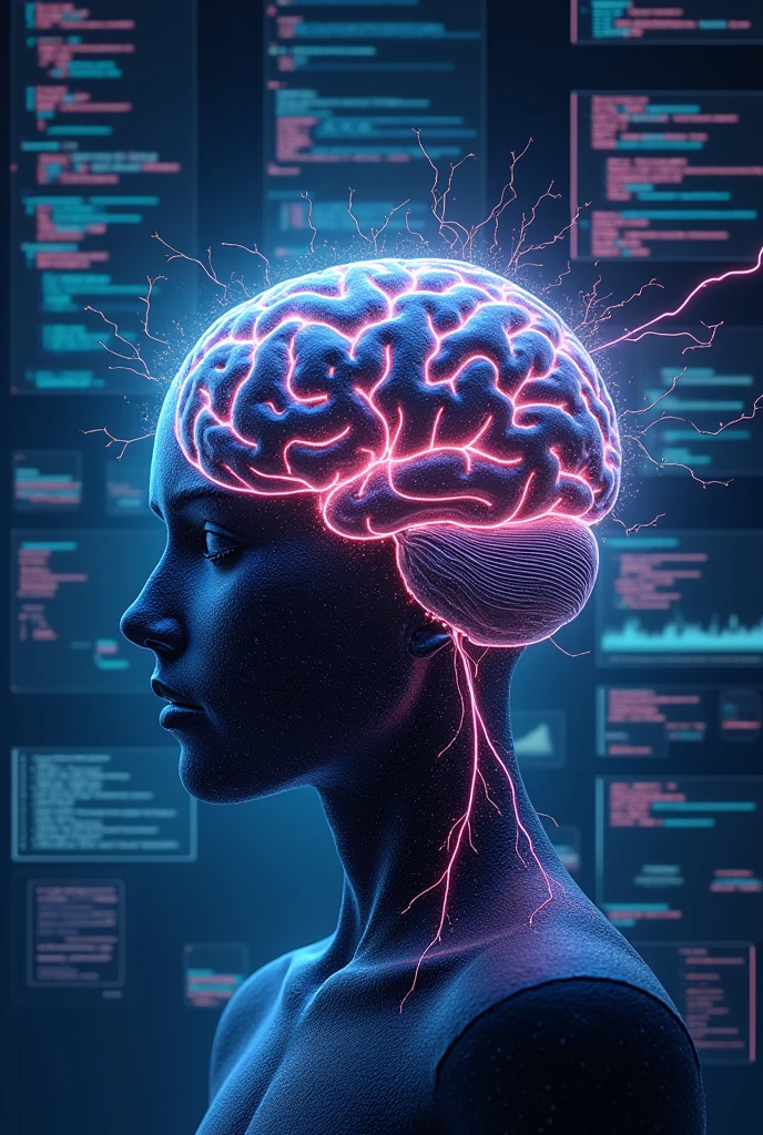 [Image description: A stylized brain with sparks and electricity flowing through it, surrounded by screens displaying code and data visualizations. The background is a deep blue or purple.]