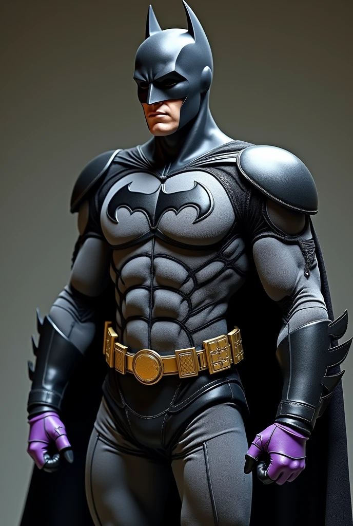 Batman wearing a simple cotton fabric, padded bodysuit with detailed stitching seams. Provide interesting but detailed seams. Black leather trunks over the bodysuit. Short purple gloves. No gauntlets and do no include fins on gloves. Take inspiration from football uniforms from the 1930s. Athletic build but not overly muscular. Photo realistic. Round gold belt buckle.