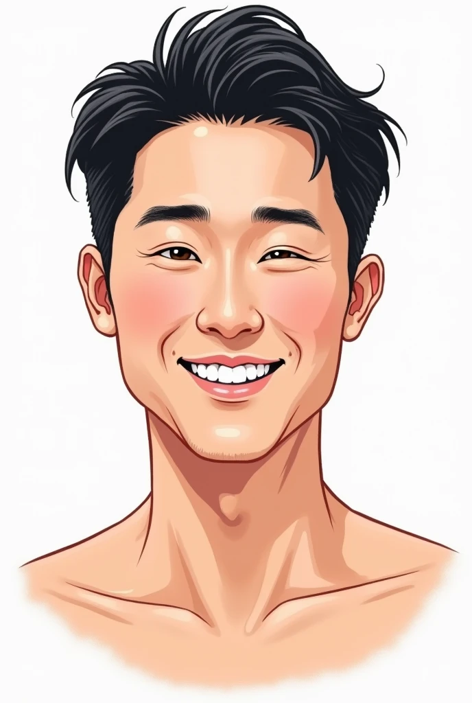 Draw a Korean male CEO in his 40s facing forward with a smiling expression, portraying a vibe commonly seen in product reviews,full-naked