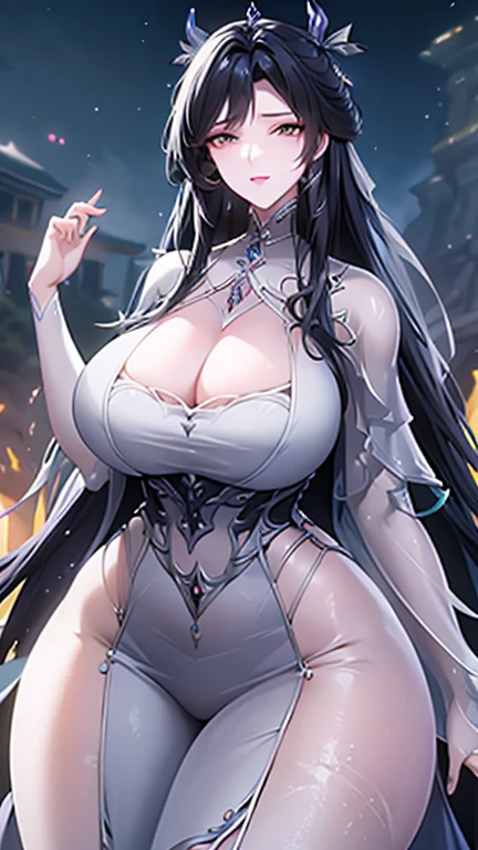 An anime-style artwork depicting ruan mei from the game Honkai star rail. Tags: ruan mei, anime, detailed eyes, detailed lips, dress, smiling expression, intense gaze, glowing emblem on hand, dynamic pose, mystical background, vibrant colors, digital art, high-resolution, professional quality, gigantic breasts, cleavage, curvy, cowboy shot, gigantic breasts, green eyes