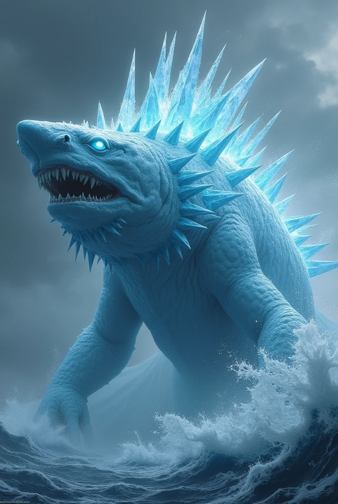 A shark made of ice and has sharp skin and a crown of ice on its head and have white eyes