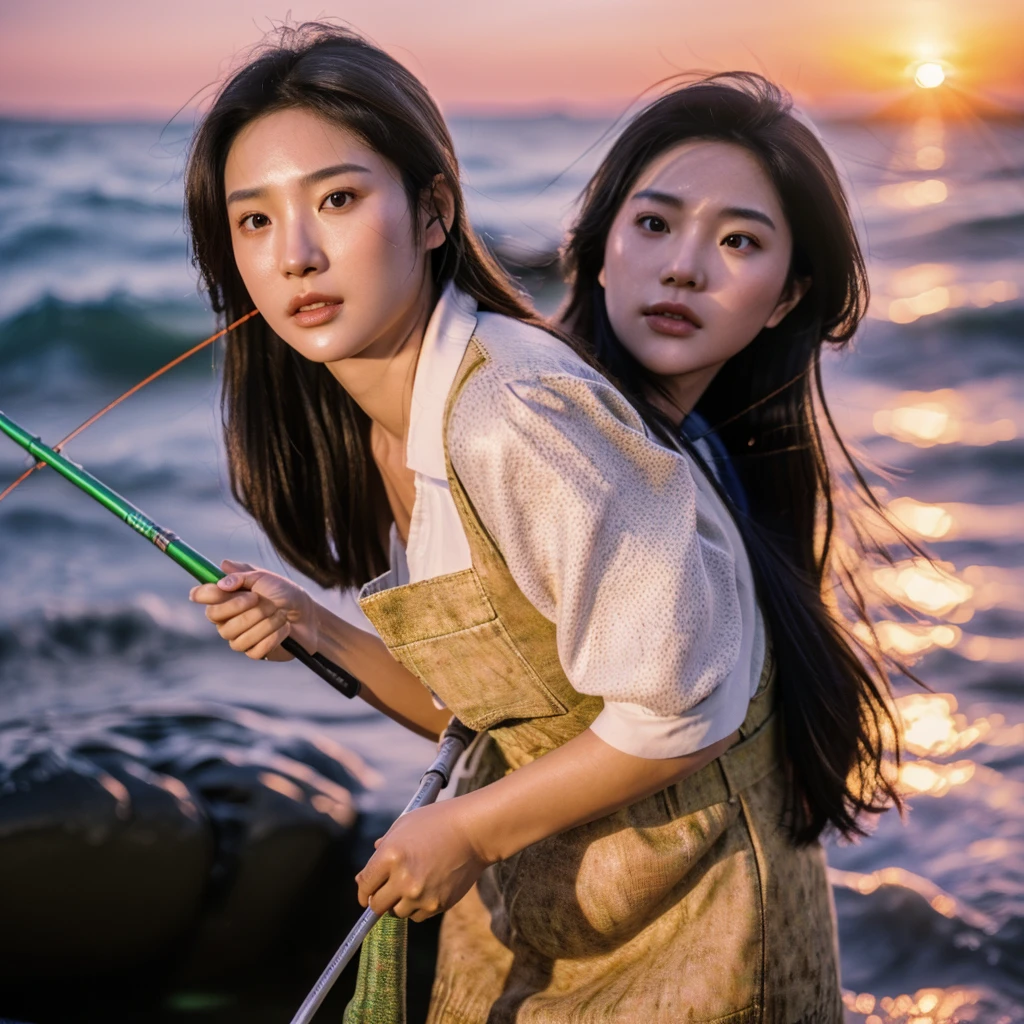 (Highest quality, High resolution,  masterpiece :1.3),
(Photo realistic: 1.4), 
(super Realistic: 1.4), 
(Realistic: 1.3), 
(Smooth lighting: 1.05), 
(Improving the quality of cinema lighting: 0.9), 
Realistic lighting, 
Ray Tracking, 
(Bright light: 1.2), 
(Quality improvement: 1.4)
(High-quality, realistic textured skin: 1.4), 
1 person, 
beautiful girl, 
japanese idol, 
27-years-old, 
(slender), 
wear white t-shirt, 
wear starbucks green apron, 
(Very small, flat chest), 
realistic background, 
Black Hair, 
Brown eyes, 
Detailed face, 
Quality Eyes, 
(Enhances the body line: 1.1), 
Idol, 
actress, 
holding a fishing rod,
(background, fishing port, sunset, pier, fishing boat, sea, waves), 
fisherman,

