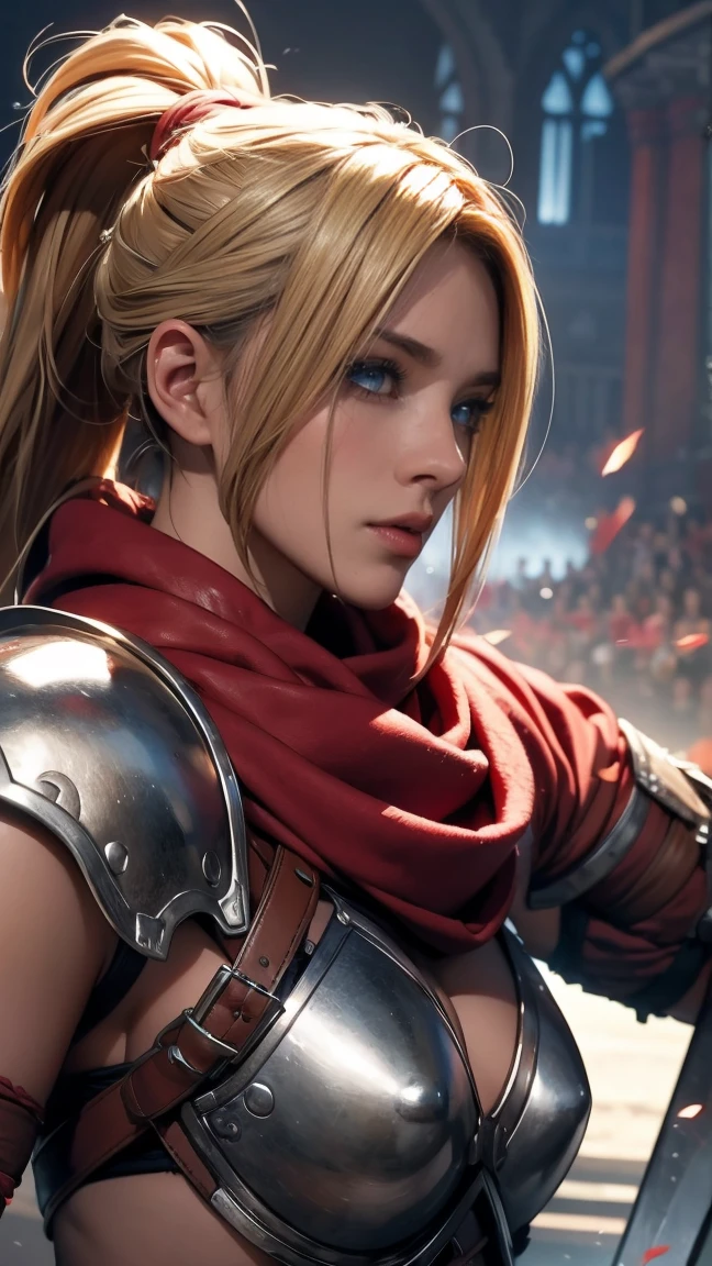 holding a sword and shield, portrait of a barbarian female, north female warrior, a very beautiful berserker woman, north adult female warrior, female barbarian, female warrior, portrait of a barbarian woman, barbarian warrior woman, very beautiful female barbarian, barbarian class, portrait of a woman warrior, rpg portrait concept art, (beautiful warrior, holding short sword and small shield, Wearing a red scarf, leather armor), (blonde hair, blue eyes, dark skin), (amphitheatre, Fighting while being watched by the crowd, motion blur), movie poster, large "INFINITY" written at bottom of screen,