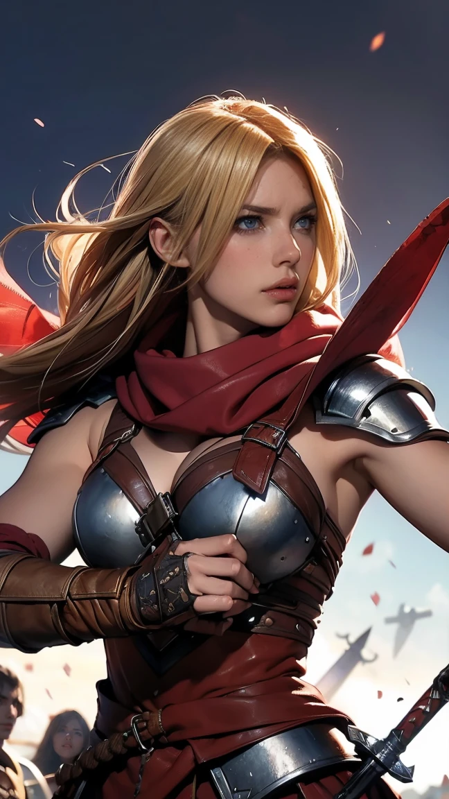 holding a sword and shield, portrait of a barbarian female, north female warrior, a very beautiful berserker woman, north adult female warrior, female barbarian, female warrior, portrait of a barbarian woman, barbarian warrior woman, very beautiful female barbarian, barbarian class, portrait of a woman warrior, rpg portrait concept art, (beautiful warrior, holding short sword and small shield, Wearing a red scarf, leather armor), (blonde hair, blue eyes, dark skin), (amphitheatre, Fighting while being watched by the crowd, motion blur), movie poster, large "INFINITY" written at bottom of screen,