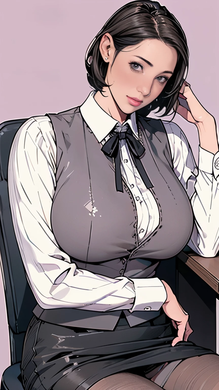 1，short hair，Photorealism，detailed，masterpiece，mature，((full))， (Broad shoulders), ((Huge breasts))((((1 Lady Lil,)))) (masterpiece), (Realistic), (Highest quality), (Very detailed), Awesome 30 year old wife, Panty shot, Long brown hair, office lady, Wearing a pink plaid vest, White short sleeve shirt, Grey pencil skirt, Wear stiletto heels, necklace,, Cute Face, smile, blush, Shyness, Glass Wall, Super detailed, Realistic, Front view, whole body, (Wearing [[White and grey check pattern]] A vest worn over a white-collared long-sleeved shirt:1.4), (Grey buttoned vest:1.2), (Pink Theme:1.2), (blue ribbon ribbon:1.3), (Black Theme:1.4), (tight black pencil skirt:1.5), ((Brown pantyhose)), (High heels:1.1),Long skirt,transaction machine, Office chair,Lullabre Unity 8K Wallpaper, Beautiful background, clearly, Highest quality, Highest Resolution, Best aesthetics,Very detailed CG ユニティ 8k,