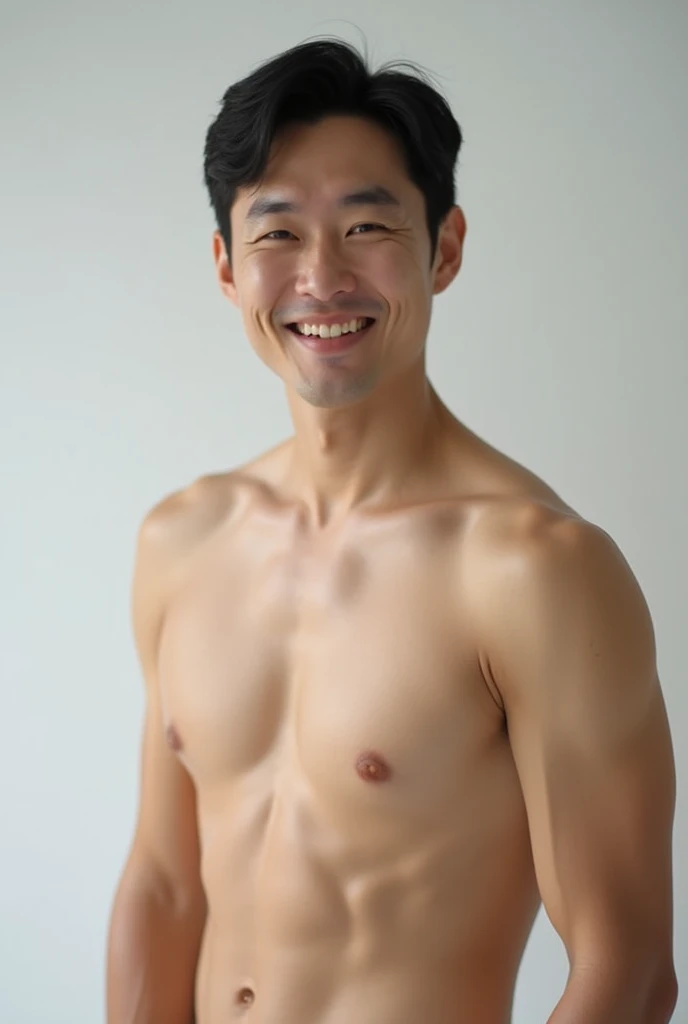  a Korean male CEO in his 40s facing forward with a smiling expression, portraying a vibe commonly seen in product reviews,full-naked 