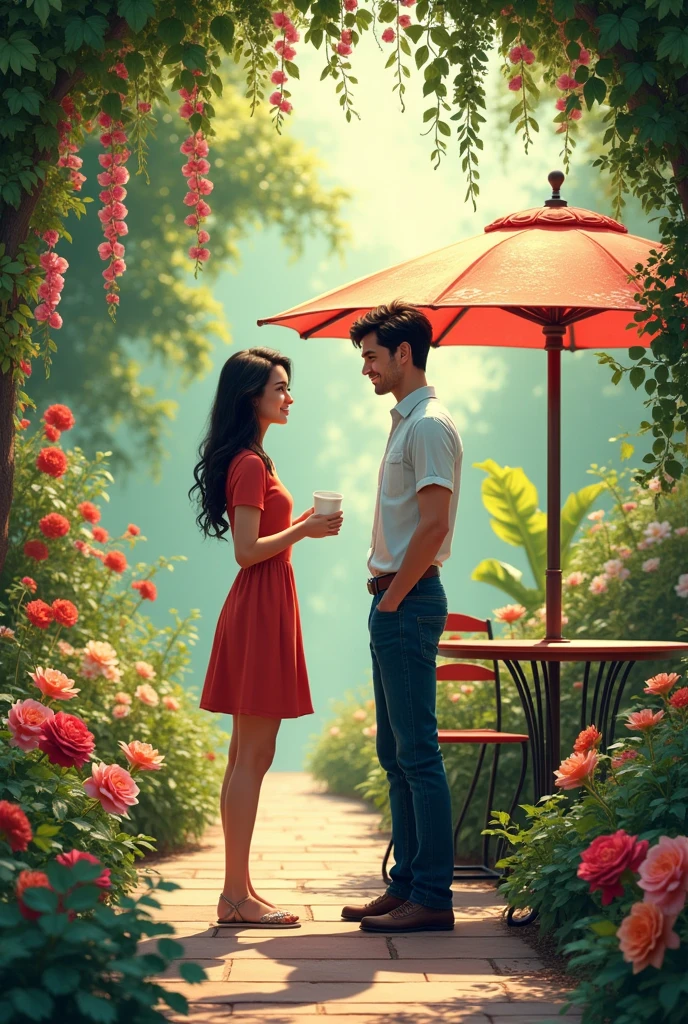 A garden full of roses, orchids, different varieties of flower in which one female is talking with one male. Beside them there is a table with chair and umbrella