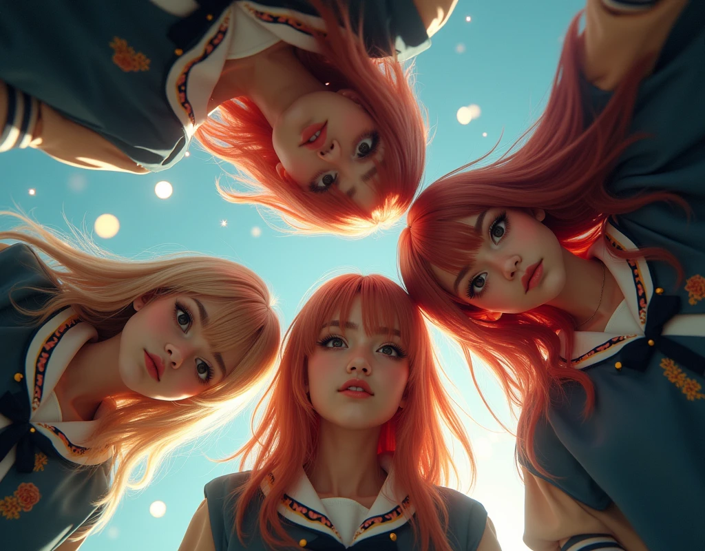 (((masterpiece))), (((Highest quality))), ((Very detailed)), (photograph), (full body:1.7), white sneakers, (Best_Quality, HDR, photorealistic masterpiece, Hi-Res, (paparazzi photo:1.2) of a group of 3 School Girls standing Surrounding the camera in Upward composition, (European face variations:1.4), {Looking down at the camera | (Kissing face to face)}, (close:1.2, legs closeup from below:1.4), (Sky background), real skin pores. Extremely Detailed face variations, detailed Eyes, eyelashes, red lips with beautiful details, natural photorealistic skin. School Uniform, {Different types of hair colors | blond, redhead, brunette}, Different types of faces and races. Cinematic lights. Masterpiece, best quality, 8K, photo realistic, wallpaper, wallpaper 8k, photographic contest winner, Hyperrealistic art cinematic film still photography in the style of detailed hyperrealism photoshoot. [Entire scene is surrounded by lights, evoking a magical and eerie atmosphere. The lighting is bright and atmospheric, with smoke adding a touch of sinister ambiance. Best quality image, HDR enhancement, showcasing the utmost level of detail and realism]. [8K, Best Quality, Ultra High Resolution, (highly detailed CG unity 8k wallpaper), (best photo), (best shadows), isometric 3D, octane rendering, ray tracing, highly detailed, (Best quality, 4K, 8k:1.2), absurdity, ultra detailed, (realistic, photorealistic, photorealistic:1.37), complex parts, HDR, (complex parts:1.12), (hyper detailed, hyper realistic, Soft lighting, spicy:1.2), (complex parts, Hyper detailed:1.15). Blurred foreground. (backlit), masterpiece, high quality, brightness, chromatic aberration, foggy smoke, shadows, contrast, clear sky, (warm hue, warm tone), high details, natural reflections].