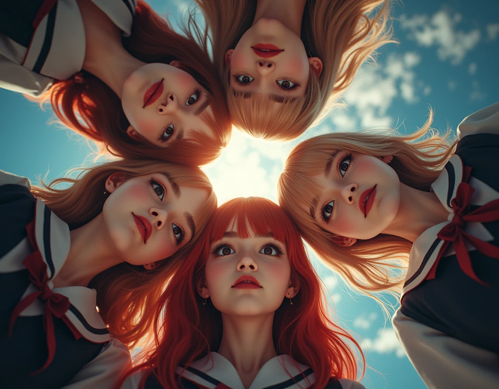 (((masterpiece))), (((Highest quality))), ((Very detailed)), (photograph), (full body:1.7), white sneakers, (Best_Quality, HDR, photorealistic masterpiece, Hi-Res, (paparazzi photo:1.2) of a group of 3 School Girls standing Surrounding the camera in Upward composition, (European face variations:1.4), {Looking down at the camera | (Kissing face to face)}, (close:1.2, legs closeup from below:1.4), (Sky background), real skin pores. Extremely Detailed face variations, detailed Eyes, eyelashes, red lips with beautiful details, natural photorealistic skin. School Uniform, {Different types of hair colors | blond, redhead, brunette}, Different types of faces and races. Cinematic lights. Masterpiece, best quality, 8K, photo realistic, wallpaper, wallpaper 8k, photographic contest winner, Hyperrealistic art cinematic film still photography in the style of detailed hyperrealism photoshoot. [Entire scene is surrounded by lights, evoking a magical and eerie atmosphere. The lighting is bright and atmospheric, with smoke adding a touch of sinister ambiance. Best quality image, HDR enhancement, showcasing the utmost level of detail and realism]. [8K, Best Quality, Ultra High Resolution, (highly detailed CG unity 8k wallpaper), (best photo), (best shadows), isometric 3D, octane rendering, ray tracing, highly detailed, (Best quality, 4K, 8k:1.2), absurdity, ultra detailed, (realistic, photorealistic, photorealistic:1.37), complex parts, HDR, (complex parts:1.12), (hyper detailed, hyper realistic, Soft lighting, spicy:1.2), (complex parts, Hyper detailed:1.15). Blurred foreground. (backlit), masterpiece, high quality, brightness, chromatic aberration, foggy smoke, shadows, contrast, clear sky, (warm hue, warm tone), high details, natural reflections].