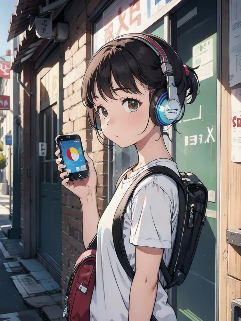Wearing headphones and a backpack, looking at a cell phone