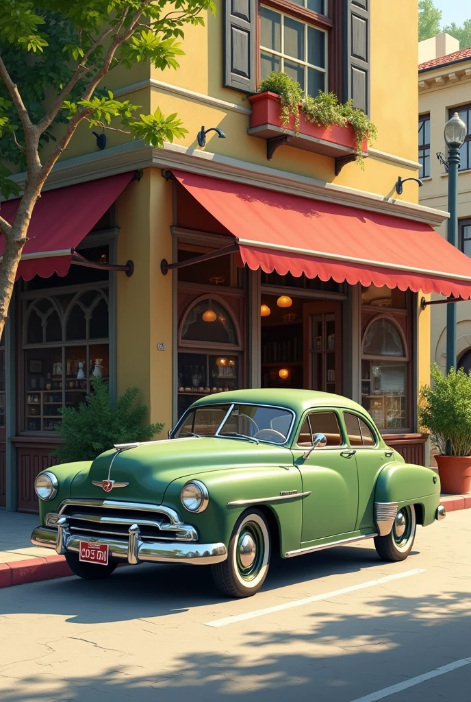  ( perfect anatomy )masterpiece, Exquisite, delicate, fresh and elegant aesthetic style airbrush digital oil painting exquisite artwork creates a refreshing morning coffee shop scene photo，

                    Army green vintage car(Unique style)Close-up of a vintage car( perfect anatomy ) Elegantly parked on the street next to a coffee shop.coffee shop scene masterpiece,

                             Very detailed, Realistic original photos, Best film quality, Extremely fine texture, High-quality work by a master artist