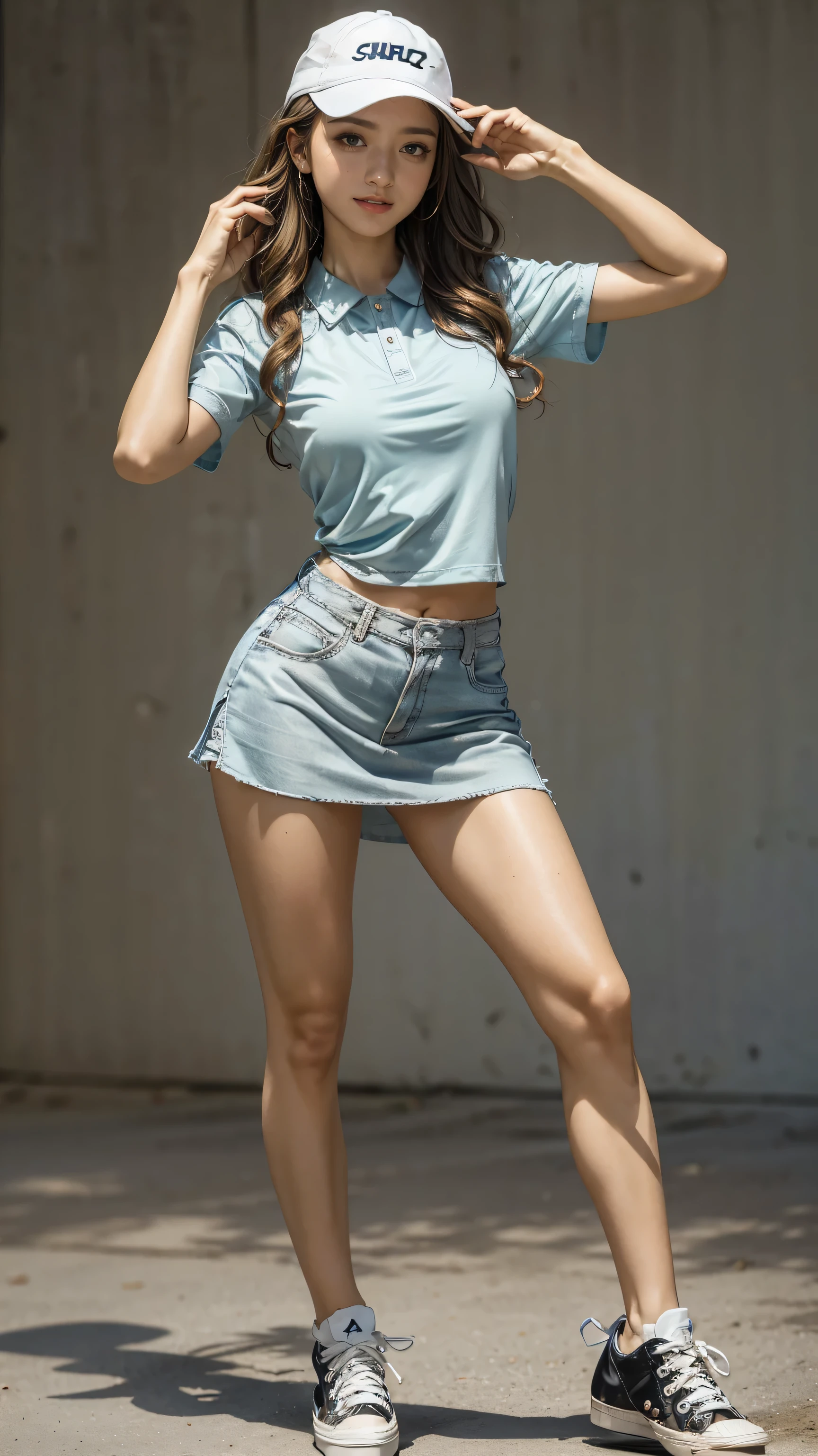 ((Highest quality, Tabletop, Ultra-high resolution、The most complex and detailed depiction))、(Bright lighting:1.1)、(Beautiful woman:1.1)、(Very light wavy hair:1.5)、 (short sleeve golf wear), (White micro mini tight skirt), (Sun visor),(Sun visorゴルフクラブ),(sneakers:1.8)), (Sexy pose:1.5),Best smile:1.5，Full Body Shot:1.5，Gray background:1.5，Blonde wavy hair:1.8,Random Blonde:1.8,Curly Hair:1.8,Long Hair:1.5,sleek bangs:1.8,Large Breasts:1.6,gal,Sunburned skin:1.9,Thin fingers:1.5,smile:1.5,The whites of the eyes are clear:1.8,Centered:1.5,,Tall:1.3,