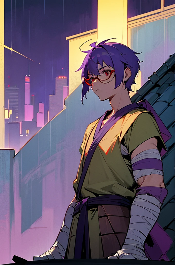 1boy, turtle boy, turtle shell, purple bandana, red eyes, upper body, (calm:1.2), upper body, bandages, standing, from below, outdoors, rooftop, on roof, night, wind, night, night sky, new york, rain,, arms on sides, calm expression, purple hair, bowl cut, round glasses,
