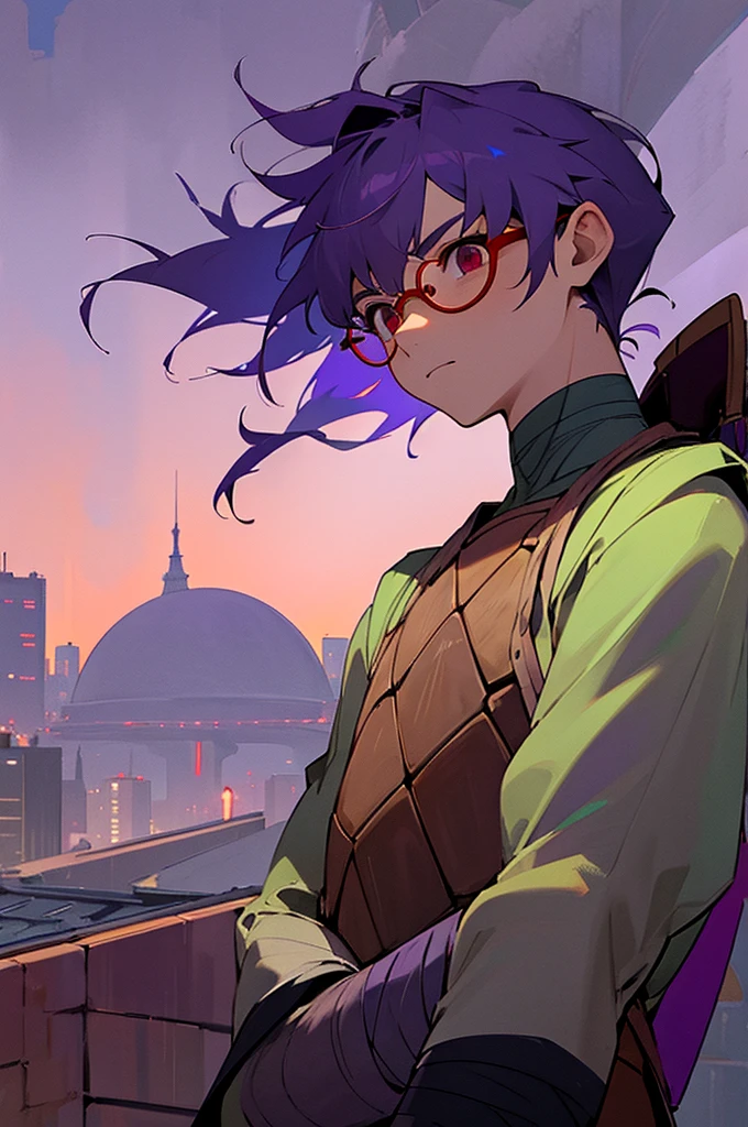 1boy, turtle boy, turtle shell, purple bandana, red eyes, upper body, (calm:1.2), upper body, bandages, standing, from below, outdoors, rooftop, on roof, night, wind, night, night sky, new york, rain,, arms on sides, calm expression, purple hair, bowl cut, round glasses,