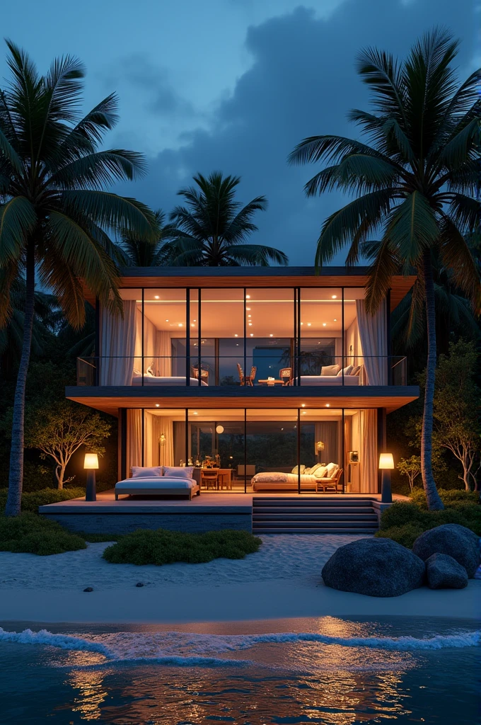 A luxurious house of glass with bedrooms and living room , with lamp lights at beachfront and coconut trees At night view