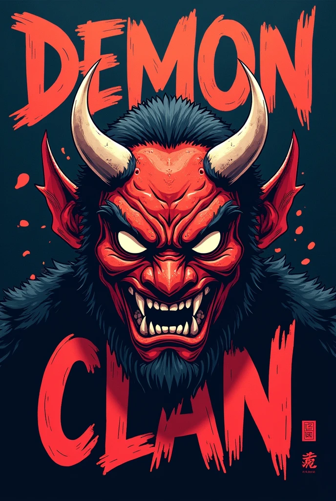 2D anime style modelo. a Oni Mask with Word DEMON CLAN in background